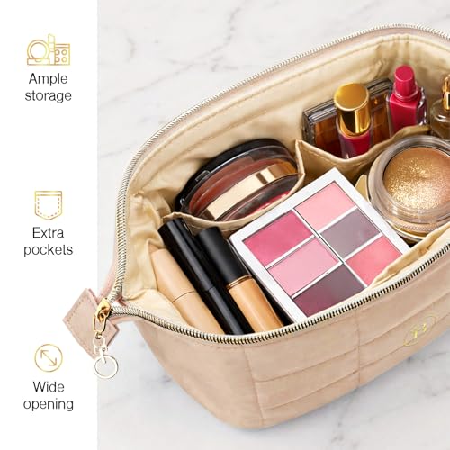 BLOOMORA Quilted Camel Makeup Bag with Wide-Open Top