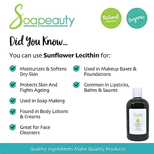 SUNFLOWER LECITHIN Liquid Oil | Cold Pressed Unrefined | USP Grade Unbleached 100% Pure Natural Sunflower Lecithin Oil | Skin Moisturizer, Soap Making, Lotion | 8 fl oz