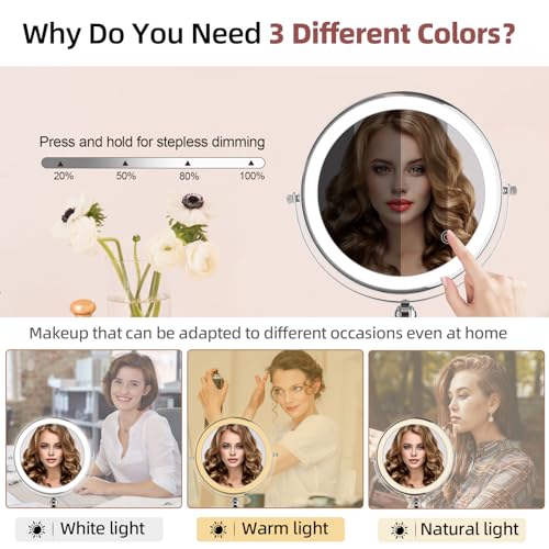 8" Rechargeable Lighted Makeup Mirror with Magnification, Adjustable Height & Brightness 1X/10X Double Side Magnifying Mirror with Light, 3 Color Lighting 360¡Æ Rotation Storable Base, Chrome