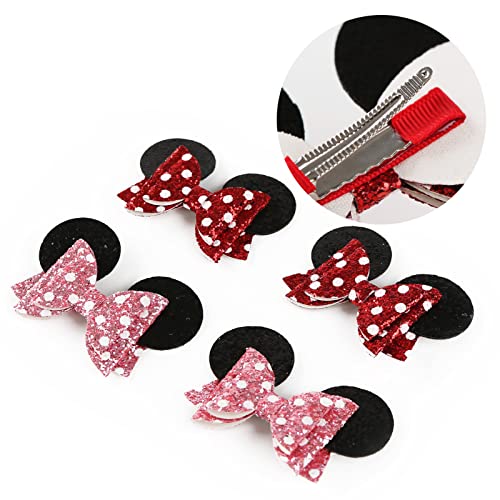 Mouse Ears Hair Bow Clips Polka Dot Barrettes for Girls Glitter Costume Accessories Birthday Party Decorations 1 Count (Pack of 4)