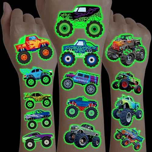 96PCS Monster Truck Pre-Cut Temporary Tattoos for Kids - Super Cute Birthday Party Supplies, Favors, and Decorations - Fake Tattoos Stickers for Boys, School Rewards, and Gifts (Luminous)