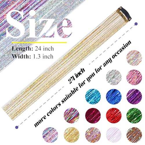Gold Hair Tinsel Clip-In Extensions, 12 Pcs 24 Inch