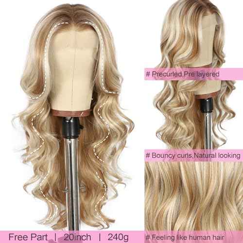 SAPPHIREWIGS 13x4 Blonde Lace Front Wig for Women Body Wave Highlight Honey Blonde Synthetic Pre Layered Wigs Heat Resistant Fiber Gluesless Wig for Daily Party Use 20 inch