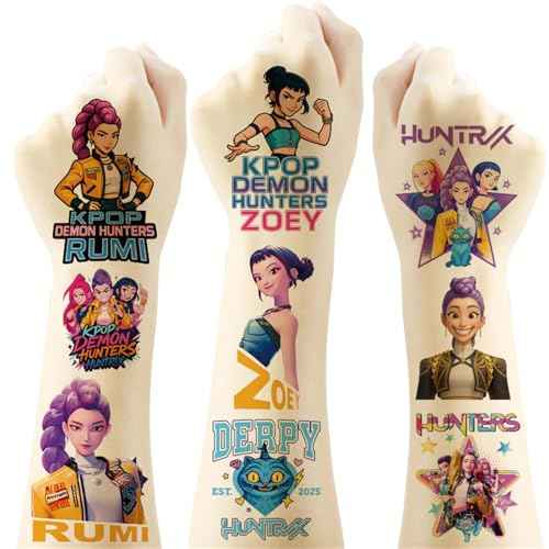 20pcs Demon Movie Hunters Temporary Tattoos for Kids Korean Idol Huntrx,Saja Boys,Jinwoo,Rumi,Tiger Decal Temporary Tattoos Body Stickers for Birthday Party Decorations,DIY Activity Supplies