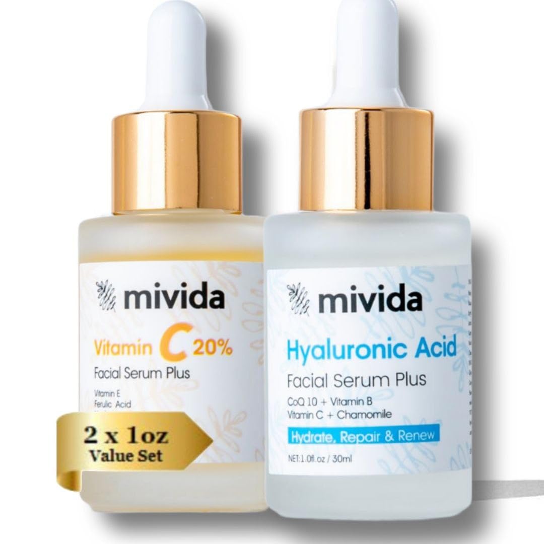 20% Premium Vitamin C serum + Hydrating Hyaluronic-Acid Serum For Face |Facial Skincare Set| No-Artificial-Colors, sensitive skin safe (2 x 1 Fl Oz / 30ml)