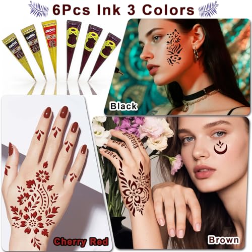 Henna Tattoo Kit: 136 Stencils, 6 Cones, Natural Formula