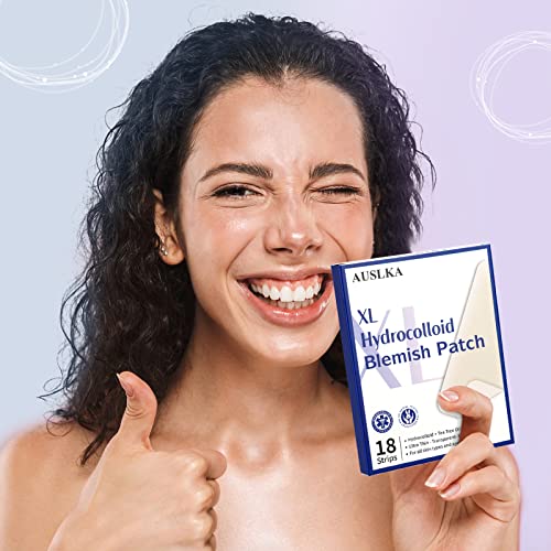 AUSLKA Large Blemish Patches, XL Pimple Patch -18 Strips - Hydrocolloid Patch for Covering Zits - Spot Stickers - Vegan and Cruelty for Face and Skin