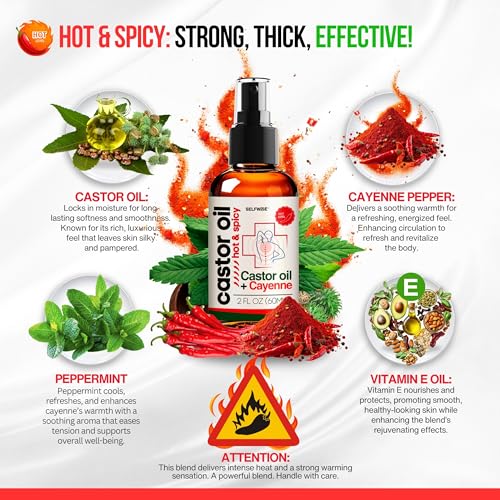 Organic Castor + Cayenne Skin & Joint Relief Oil - Hot& Spicy - Intense Hydration for Small Areas, Hands, Feet, and Targeted Spots 2oz