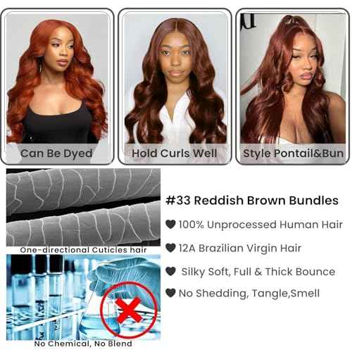 ALHER 33 Reddish Brown Body Wave 4x4 Lace Closure 20 Inch, 12A Copper Brown Colored 4X4 HD Lace Closure Free Part Pre Plucked with Baby Hair, 100% Virgin Remy Human Hair for Black Women 150% Density