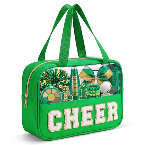 Green Cheerleading Makeup Bag with Chenille 'CHEER' Letters - Large Travel Organizer for Girls & Women