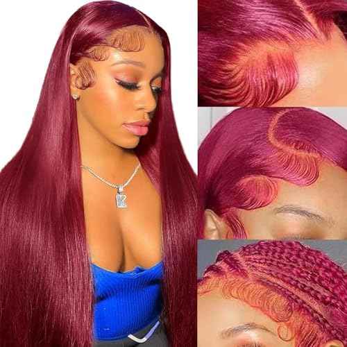99j Burgundy Straight Lace Front Wigs Human Hair 99J 13X4 HD Transparent Lace Frontal Wigs 180% Density Glueless Pre Plucked with Baby Hair Wigs for Women
