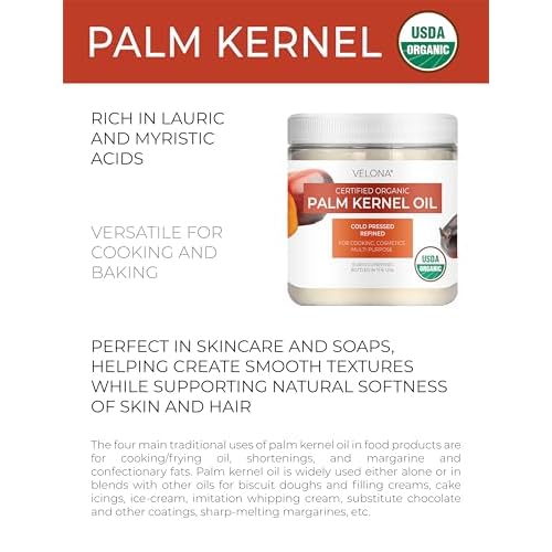 velona USDA Certified Organic Palm Kernel Oil - 16 Fl Oz | 100% Pure and Natural Carrier Oil | Refined, Cold Pressed | Face, Hair, Body & Skin Care | Use Today - Enjoy Results