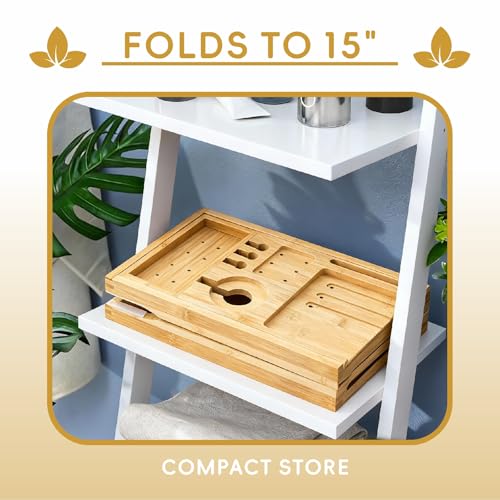 Premium Foldable Bamboo Bathtub Tray Caddy, Expandable Bath Caddy Tray with Holder, Natural Bath Shelf Over Tub, Spa Bathroom Accessories & Gifts for Home