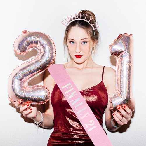 Semato 21st Birthday Sash & Rhinestone FINALLY 21 Birthday Headband Kit- Pink 21st Birthday Decorations for Her