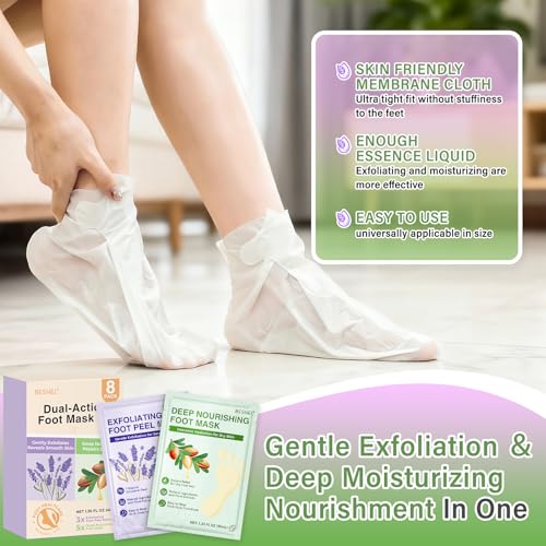 BESNEL 8-Pack Foot Peeling & Moisturizing Mask Set for Dry Cracked Feet