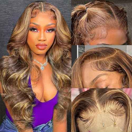 Honey Blonde Ombre Lace Front Wig Human Hair Body Wave Highlights 13X4 HD Lace Front Wigs Pre Plucked 180% Density Glueless 4/27 Highlighted Human Hair Wig 20 Inch