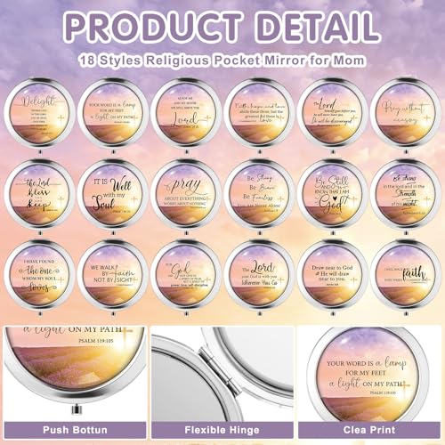 18 Sets Mother's Day Church Gifts Bulk Christian Compact Makeup Mirror Bible Verse Round Pocket Mirror with Gift Cards Organza Bags for Women (18 Style)