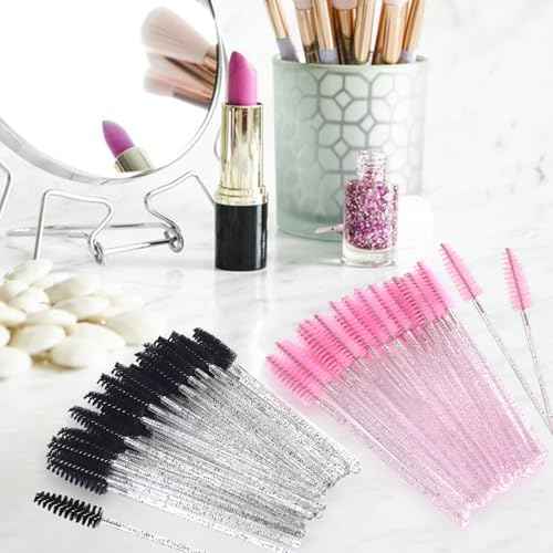 200 Pcs Disposable Mascara Wands,Lash Spoolies Crystal Eyebrow Spoolies Brush Eyelash Applicator Tool Spoolies for Eyebrow,Used for Eyelash Extension Eyebrows Cosmetics(Black and Pink)