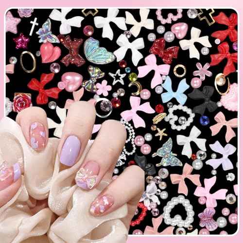 2 Boxes 3D Nail Charms Set, 8 Colors Nail Bows Charms, Multi Color Bow Flower Butterfly Moon Heart Pearls Acrylic Nail Art Charms, Nail Charms and Gems, Nail Art Pearl Rhinestones for Nail Art DIY