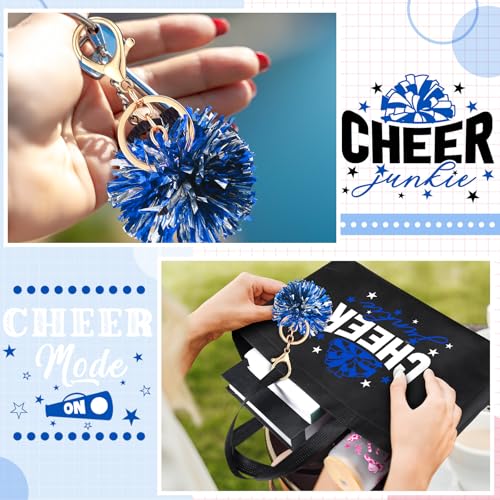 Landical 72 Pcs Blue Cheerleading Gifts 24 Cheer Bags Portable 24 Pom Pom Keychain 24 Cheerleading Bracelet Canvas Makeup Bag Bulk Cheer Gifts Female Teammates Toiletries Accessories