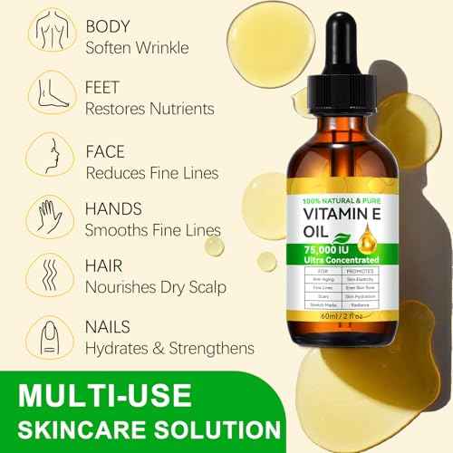 Vitamin E Oil Blend 75,000 IU, Pure Vitamin E Oil for Skin, Scars, Nails and Scalp, Hydrating Dry Skin, Face and Body Moisturizer, Reduce Stretch Marks, Fine Lines & Wrinkles, 2Fl Oz