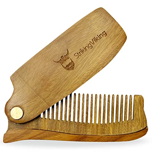 Pocket Sized Wooden Beard Comb & Mustache Comb with Fine & Coarse Teeth - Perfect for Use with Balms and Oils (Folding Comb Small)