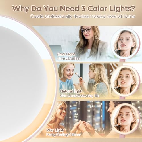 SANYCASA Rechargeable Makeup Mirror with Lights - 360° Rotation, 3 Color Modes, 1X/10X Magnification, Portable Vanity Mirror