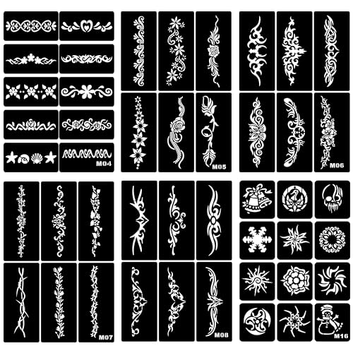 Temporary Tattoo Stencils Kit for Girls and Women - 6 Sheets, A4 Size, Thorn and Totem Patterns Henna Stencil - Glitter Henna Face and Body Paint Stencils
