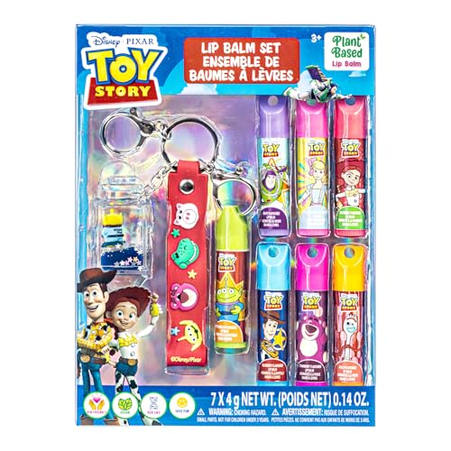 Townley Girl Toy Story 7 Pack Lip Balm with Keychain, Plant Based Lip Balm for Boys and Girls, Kids Chapstick