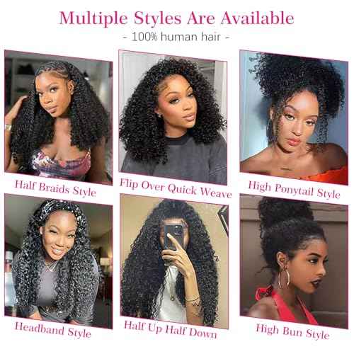 Wear & Go Glueless Wigs Human Hair Afro Kinky Curly Human Hair Half Wigs for Black Women Seamless Kinky Curly Bob Pixie Cut Wig Drawstring Full Head Clip in Half Wig 200% Density 10 Inch