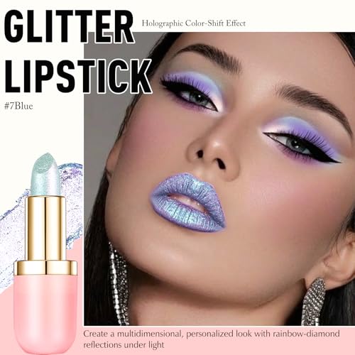 Blue Holographic Glitter Lipstick - Long Lasting Metallic Shimmer