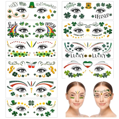 HOWAF 10 Sheets St Patrick's Day Face Tattoo Stickers,Shamrock Clover Facial Makeup Sticker Face Eye Tattoos for St. Patrick's Day Party Accessory, Irish Green Party Glitter Face Art Temporary Tattoos