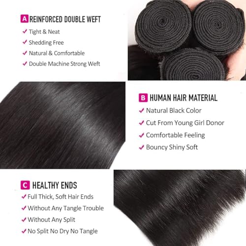 Straight Human Hair Bundles 16 16 inch 2 Bundles Human Hair 100% Unprocessed Brazilian virgin 12a Hair Natural Black Color 200G Per Pack