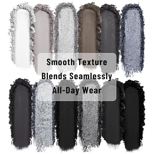 UCANBE Smokey Eyeshadow Palette, Dark Black White Gray Silver Natural Nude Matte Shimmer Eye Shadow Pallet for Smoky Emo Goth Makeup, 12 Color High Pigmented Long Lasting Waterproof Pallete with Brush