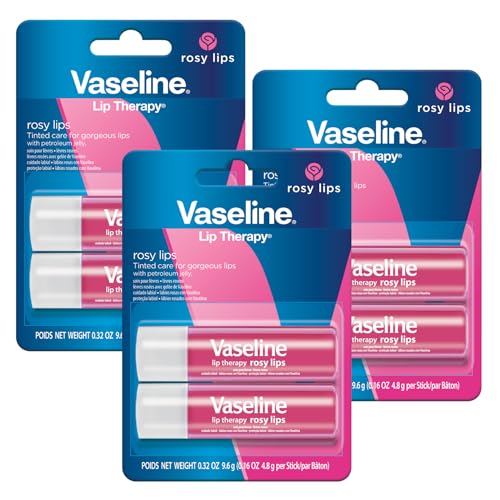 Vaseline Lip Therapy Care Rosy, Fast-Acting Nourishment, Ideal for Chapped, Dry, Cracked, or Damaged Lips, Lip Balm, 3-Pack of 2, 0.16 Oz Each, 6 Lip Balms