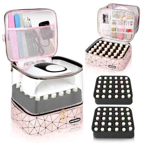 Clear Nail Polish Organizer Holds 60 Bottles (15ml/0.5fl.oz)& Nail Lamp, Double Layer Nail Supplies Organizer Case Transplant, PU Leather Nail kit Storage Bag for Manicure Tools (Pink)