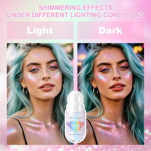 Meilury 2PCS Pink Holographic Body & Face Glitter Gel Roll-On, Festival Makeup