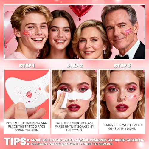 Cerlaza Valentine's Day Temporary Tattoos, 40 Pcs Glitter Heart Stickers