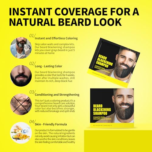gowwim Beard Dye Shampoo for Men, Natural Plant Extracts Blackening Beard Color Skin-Friendly 10x15ml Travel Packs