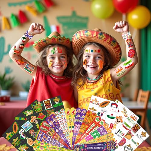 96 PCS Mexican Fiesta Party Favors ? 72 Glow & Regular Tattoos + 24 Slap Bracelets, Perfect for Cinco de Mayo, Birthdays & Cultural Celebrations