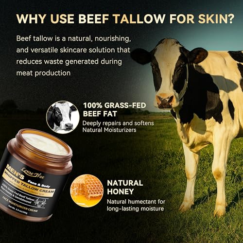 Men's Beef Tallow for Skin, Whipped Grass-Fed Beef Tallow Face Cream, Tallow Balm with Anti-Aging Retinol & Hyaluronic Acid, Mens Skin Care Face Moisturizer, Reduces Wrinkles Lines, Sandalwood, 3.5 OZ