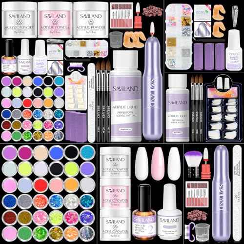 SAVILAND Acrylic Nail Kit with Drill: Nail Kit Acrylic Set with Everything for Beginners Glitter Powder and Liquid Set 100 Nails Tips Home DIY Manicure Salon