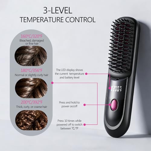 Vonloge Cordless Hair Straightener Brush - USB Rechargeable, Fast Heating, 3 Temperature Settings