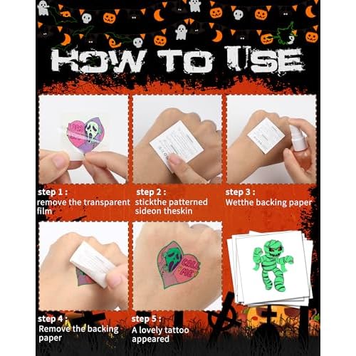 SUNAI Halloween Party Favors Supplies - 102 Style PreCut Halloween Temporary Tattoos - Tattoo Stickers Glow in the Dark For Birthday Decorations, Gifts, Rewards, Goodie Bag Fillers