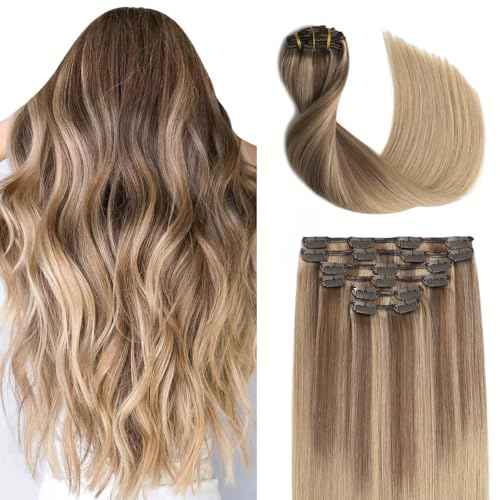 Sindra Human Hair Clip in Extensions Balayage Golden Brown to Light Blonde Hair Extensions Clip In Highlights Blonde 14 Inch 100g 6pcs Thick Double Weft C14#10/16/16