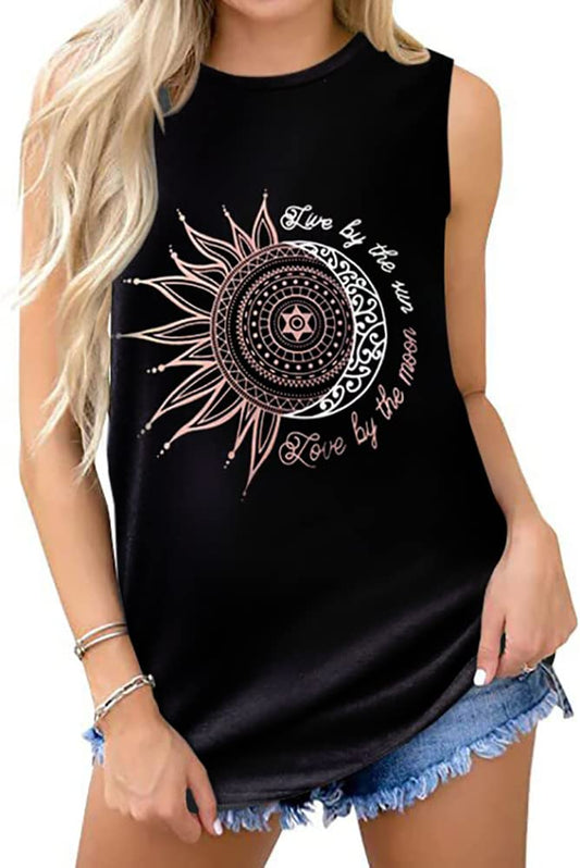 Sun Moon Graphic Tank Tops for Women Summer Sleeveless Tshirts Beach Casual Loose Tunic Blouses(Black, S)