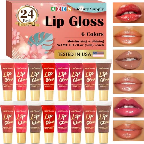 AZEN 24 Pack Lip Gloss Set with Vitamin E & Coconut Oil