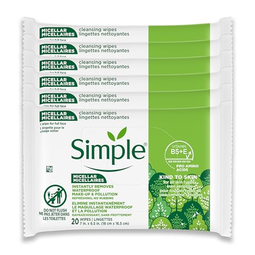 Simple Kind To Skin Micellar Makeup Remover Wipes - Face Wipes Instantly Remove Waterproof Makeup - Enriched with Vitamin B5 and E - Vegan - 6 pc
