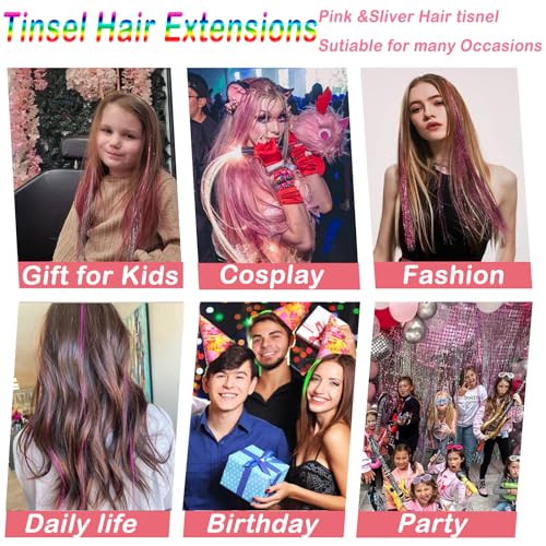 Pink Silver Hair Tinsel Kit: 48 Inches 3000 Sparkling Strands Glitter Tinsel Hair Extensions with Tools - Fairy Heat Resistant Hair Tinsel Accessories for Women Girls Kids