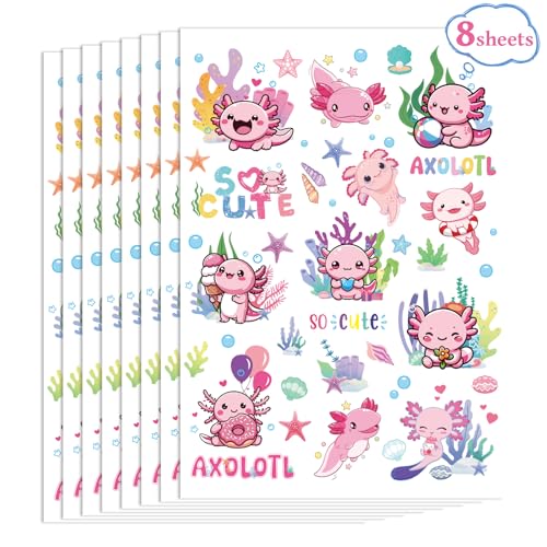 Axolotl Temporary Tattoos for Kids - 8 Sheets, 100+ Designs